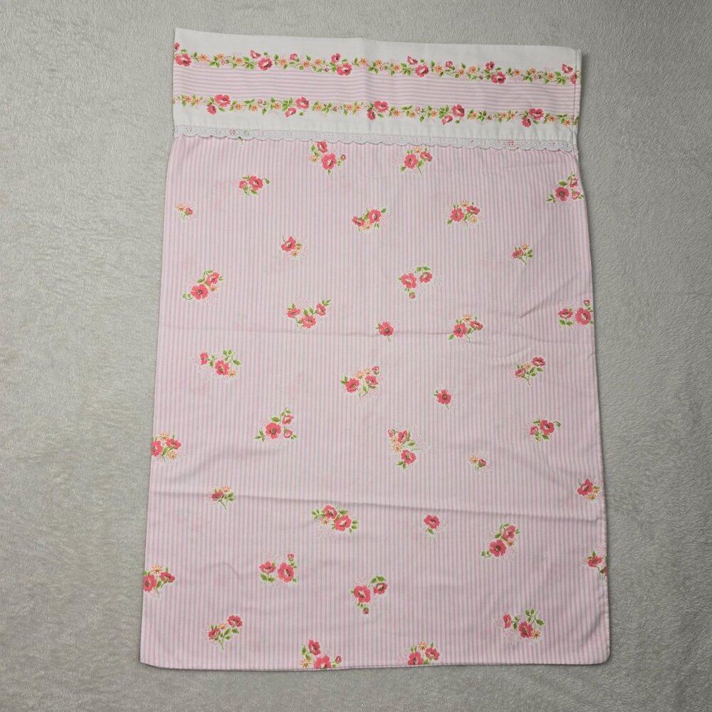 Vintage Cannon Monticello Floral Pillowcase Striped Pink White Cottagecore Lace